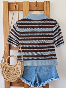 SHEIN LUNE 女款棕色條紋拼色休閒復古學院風百搭日常上學日穿針織短袖上衣，適合夏季假期返校季 - 彩色 - 查看 2