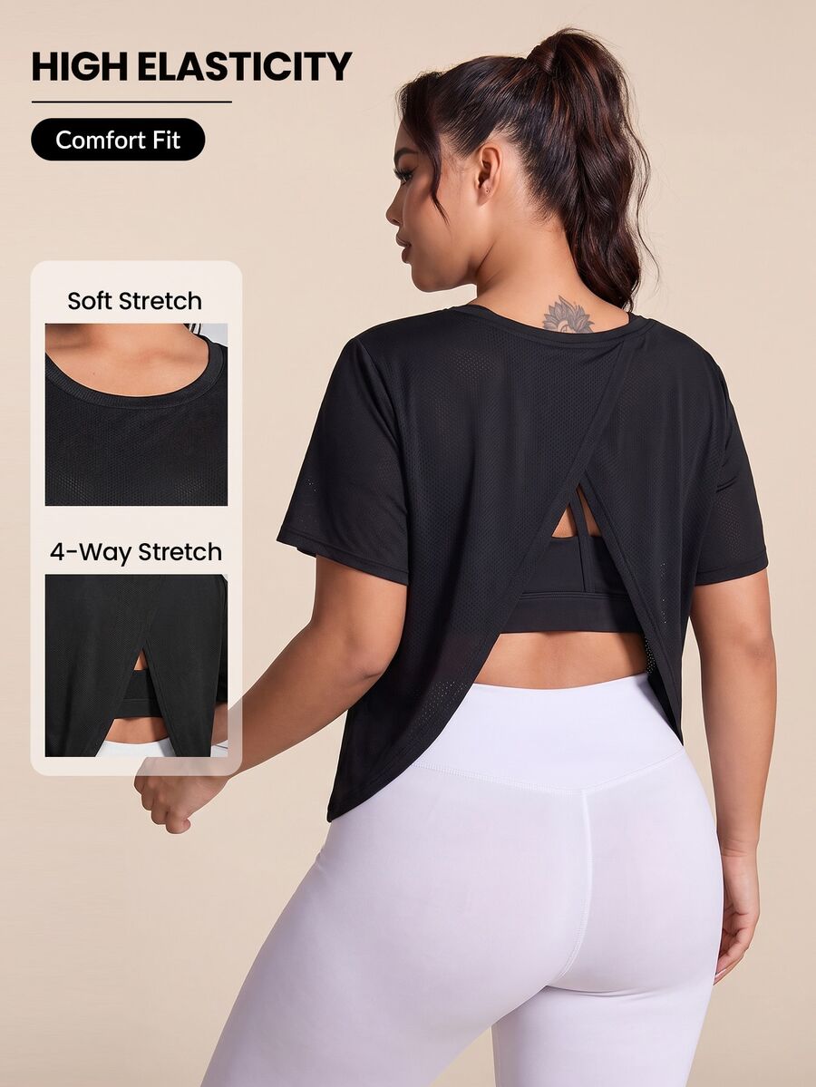 Easithlete Plus Size Women's Solid Color Short Sleeve Casual Fitness Sports T-Shirt - Black - View 1