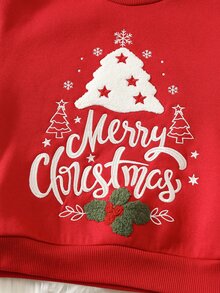 SHEIN 兒童中性款小男孩/小女孩秋冬可愛毛巾刺繡聖誕針織上衣，幼兒聖誕服飾/衛衣 - 酒紅色 - 查看 3