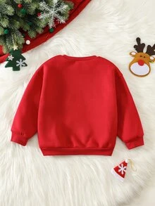 SHEIN 兒童中性款小男孩/小女孩秋冬可愛毛巾刺繡聖誕針織上衣，幼兒聖誕服飾/衛衣 - 酒紅色 - 查看 2