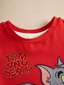 TOM & JERRY X SHEIN 男嬰卡通印花T恤與條紋短褲套裝 - 紅色 - 查看 5