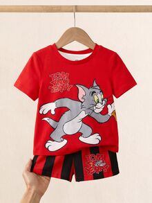 TOM & JERRY X SHEIN 男嬰卡通印花T恤與條紋短褲套裝 - 紅色 - 查看 4