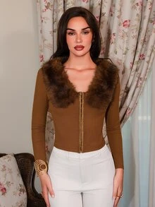 Modviera 女款秋季低領毛領拼接金屬鈕扣修身收腰針織開襟外套，棕色 70 年代復古風，適合晚餐聚會、外出與感恩節 - 棕色 - 查看 6