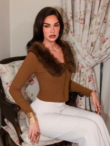 Modviera 女款秋季低領毛領拼接金屬鈕扣修身收腰針織開襟外套，棕色 70 年代復古風，適合晚餐聚會、外出與感恩節 - 棕色 - 查看 7