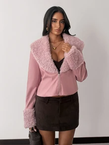 Modviera Damjacka i plysch med patchwork, dragkedja, lång ärm, avslappnad och mångsidig - Rosa - Visa 3