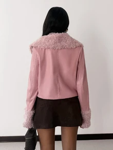 Modviera Damjacka i plysch med patchwork, dragkedja, lång ärm, avslappnad och mångsidig - Rosa - Visa 2