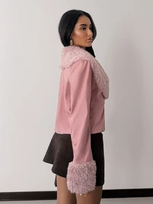 Modviera Damjacka i plysch med patchwork, dragkedja, lång ärm, avslappnad och mångsidig - Rosa - Visa 6
