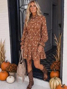 EMERY ROSE Women's Elegant Floral Print Ruffle Hem Dress Autumn Clothes For Women Halloween Costume For Women - Multicolor - View 1