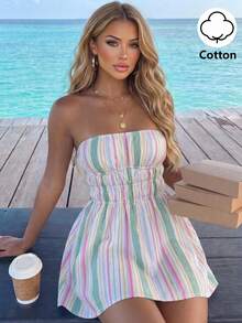 Sunnyshic Women's Spring/Summer Colorful Striped Traceable Cotton Bandeau Backless Ruched Waist A-Line Mini Dress, Elegant Versatile For Vacation, Beach, Countryside, Shopping, Dating, Casual, Commuting, Office - Multicolor - View 3