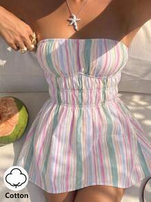 Sunnyshic Women's Spring/Summer Colorful Striped Traceable Cotton Bandeau Backless Ruched Waist A-Line Mini Dress, Elegant Versatile For Vacation, Beach, Countryside, Shopping, Dating, Casual, Commuting, Office - Multicolor - View 4