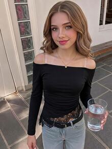 SHEIN 1pc Teen Girls Elegant Casual Off-Shoulder Long Sleeve T-Shirt, Asymmetric Lace Hem Fitted Camisole Top For Fall And Holiday Formal Black - Black - View 4
