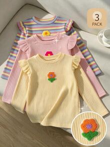 Genkimix Kids 3件組女童長袖T恤，荷葉邊飾3D花朵貼花，秋季上衣，校園日常穿著，甜美女孩風，返校季紫色、嬰兒粉、白色 - 彩色 - 查看 4
