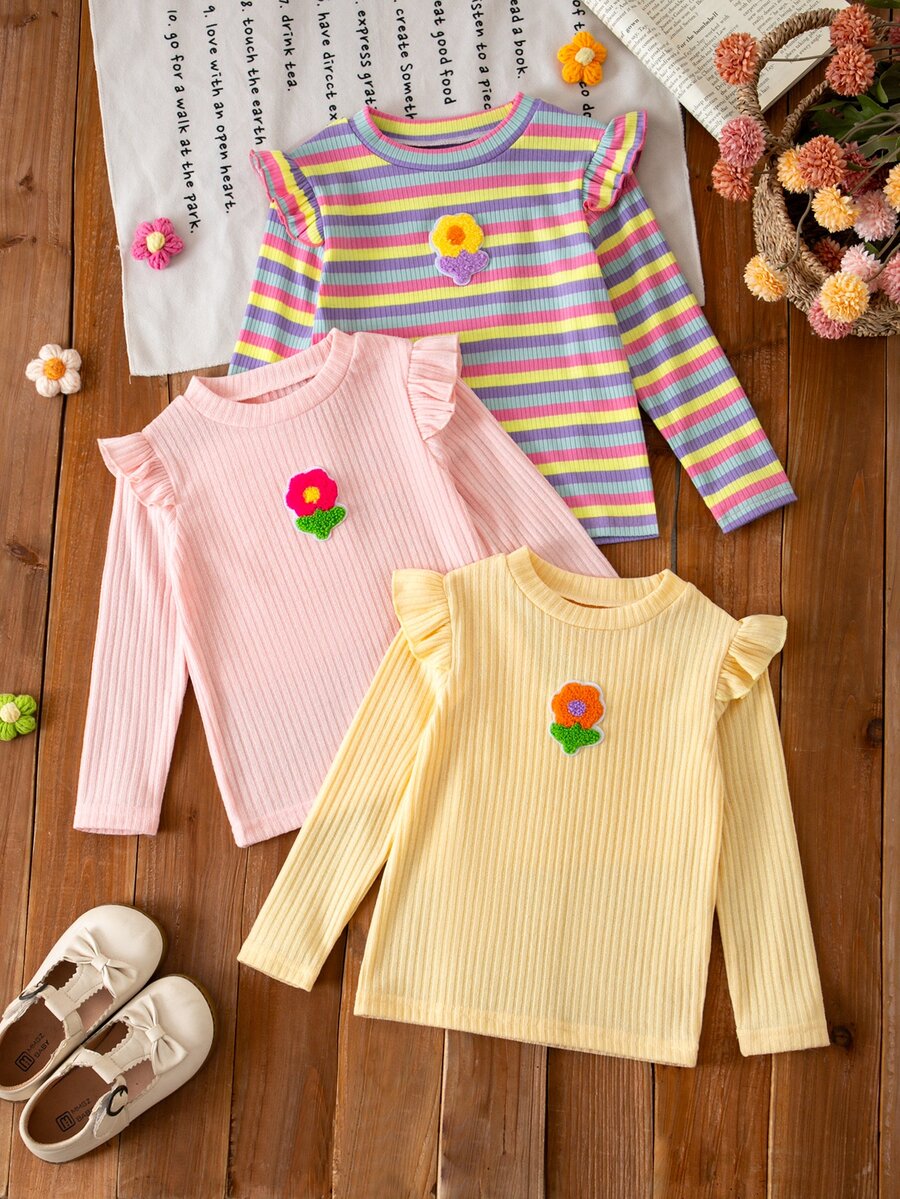Genkimix Kids 3件組女童長袖T恤,荷葉邊飾3D花朵貼花,秋季上衣,校園日常穿著,甜美女孩風,返校季紫色、嬰兒粉、白色 - 彩色 - 查看 1