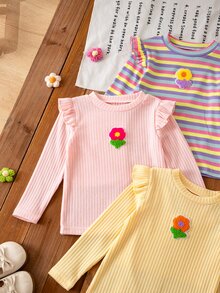 Genkimix Kids 3件組女童長袖T恤，荷葉邊飾3D花朵貼花，秋季上衣，校園日常穿著，甜美女孩風，返校季紫色、嬰兒粉、白色 - 彩色 - 查看 6