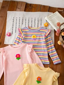 Genkimix Kids 3件組女童長袖T恤，荷葉邊飾3D花朵貼花，秋季上衣，校園日常穿著，甜美女孩風，返校季紫色、嬰兒粉、白色 - 彩色 - 查看 7