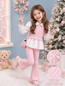 SHEIN Elladie kids Girls 2pcs Outfit Set White Lapel Puff Sleeve Shirt Pink Ribbed Vest With Tiny Bow Decor High Waist Ribbed Flared Pants Fall Christmas Clothes - Pink - View 1