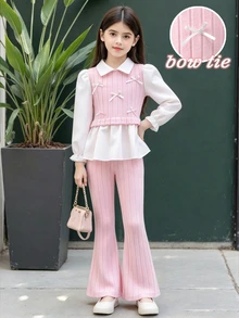 SHEIN Elladie kids Girls 2pcs Outfit Set White Lapel Puff Sleeve Shirt Pink Ribbed Vest With Tiny Bow Decor High Waist Ribbed Flared Pants Fall Christmas Clothes - Pink - View 7