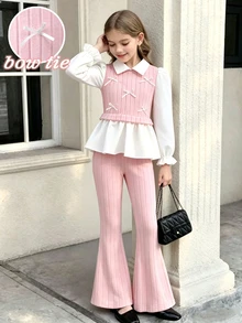 SHEIN Elladie kids Girls 2pcs Outfit Set White Lapel Puff Sleeve Shirt Pink Ribbed Vest With Tiny Bow Decor High Waist Ribbed Flared Pants Fall Christmas Clothes - Pink - View 6