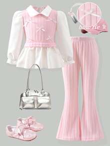 SHEIN Elladie kids Girls 2pcs Outfit Set White Lapel Puff Sleeve Shirt Pink Ribbed Vest With Tiny Bow Decor High Waist Ribbed Flared Pants Fall Christmas Clothes - Pink - View 9