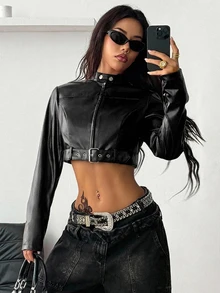 Coolane 女款秋冬街頭風 Rave Hippie 運動休閒 Y2K 百搭皮革舒適拉鍊開襟黑色修身短版長袖外套 - 黑色 - 查看 3