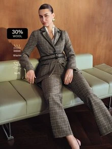 MOTF PREMIUM سترة بليزر أنيقة بتصميم راقٍ كاجوال للتنقل اليومي، بألوان متباينة وشريط نسيج، أكمام طويلة وياقة طية - كاكي - مشاهدة 1
