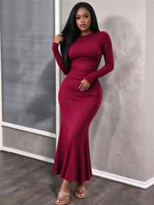 INAWLY Solva Women's Solid Color Round Neck Long Sleeve Fishtail Hem Elegant Dress - Burgundy - View 6