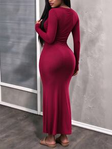 INAWLY Solva Women's Solid Color Round Neck Long Sleeve Fishtail Hem Elegant Dress - Burgundy - View 3
