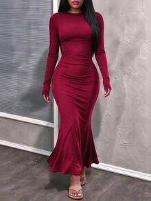 INAWLY Solva Women's Solid Color Round Neck Long Sleeve Fishtail Hem Elegant Dress - Burgundy - View 5