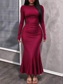 INAWLY Solva Women's Solid Color Round Neck Long Sleeve Fishtail Hem Elegant Dress - Burgundy - View 1