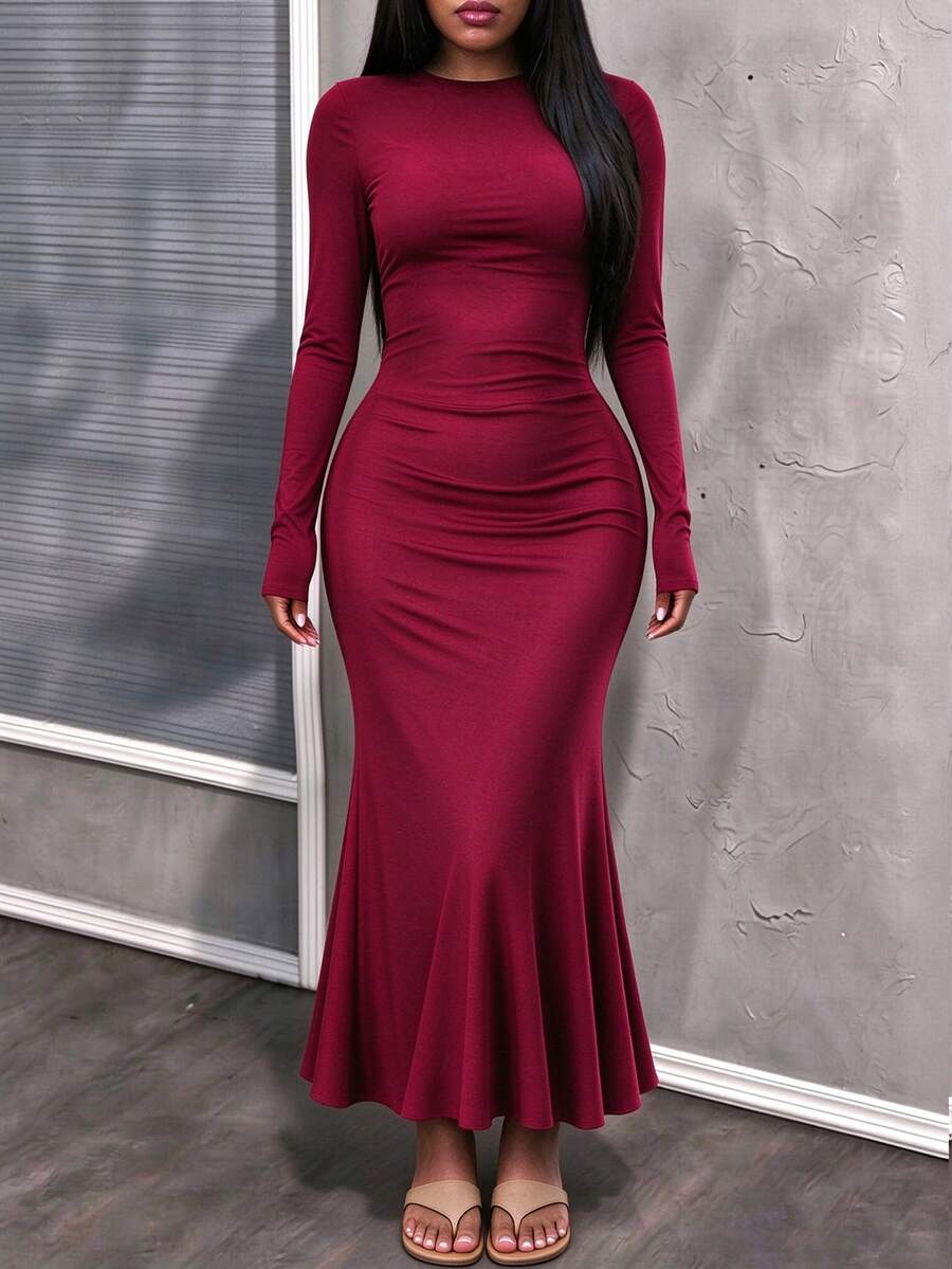 INAWLY Solva Women's Solid Color Round Neck Long Sleeve Fishtail Hem Elegant Dress - Burgundy - View 1
