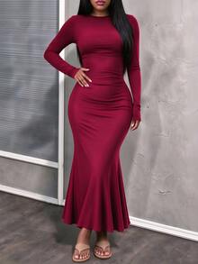 INAWLY Solva Women's Solid Color Round Neck Long Sleeve Fishtail Hem Elegant Dress - Burgundy - View 2
