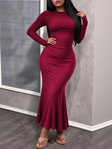 INAWLY Solva Women's Solid Color Round Neck Long Sleeve Fishtail Hem Elegant Dress - Burgundy - View 4
