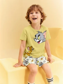 TOM & JERRY X SHEIN 男童卡通图案圆领短袖T恤短裤套装，夏季 - 白色 - 查看 6