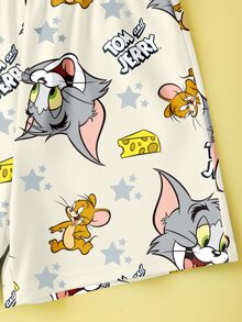 TOM & JERRY X SHEIN 男童卡通图案圆领短袖T恤短裤套装，夏季 - 白色 - 查看 10