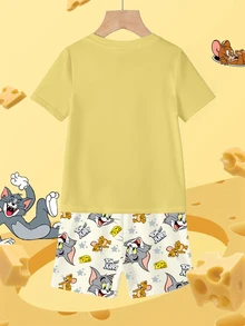 TOM & JERRY X SHEIN 男童卡通图案圆领短袖T恤短裤套装，夏季 - 白色 - 查看 3