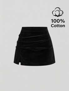 Sweetra CURVE Black Pure Cotton High Waist Pleated Design Front Slit Skirt, Corduroy Slim Fit A-Line Skirt Fall - Black - View 1