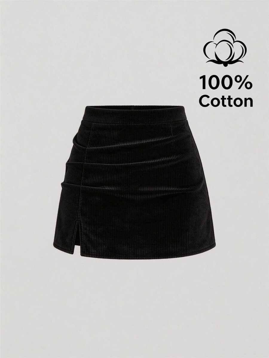 Sweetra CURVE Black Pure Cotton High Waist Pleated Design Front Slit Skirt, Corduroy Slim Fit A-Line Skirt Fall - Black - View 1