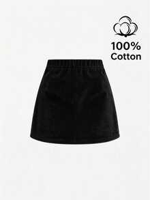 Sweetra CURVE Black Pure Cotton High Waist Pleated Design Front Slit Skirt, Corduroy Slim Fit A-Line Skirt Fall - Black - View 2