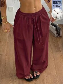 Coolane Women's Plus Size Summer Fall Elegant Going Out Vacation Casual Boho Drawstring Waist Cotton Loose High-Waist Burgundy Pants Christmas Halloween - Red - View 7