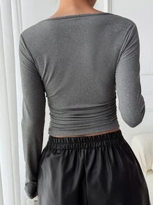 DAZY Women's Gray V-Neck Button Ribbed Knit Fitted Cropped Long Sleeve Versatile Base Layer T-Shirt Fall - Green - View 2