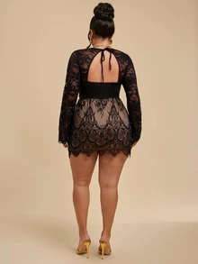 SHEIN BAE CURVE Plus Size Elegant Lace Design Black High-Waisted Skirt, Fashionable Party Skirt, Suitable For Spring, Summer, Autumn,Sexy Skirt,Commuting, Halloween, - Black - View 4