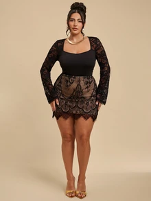 SHEIN BAE CURVE Plus Size Elegant Lace Design Black High-Waisted Skirt, Fashionable Party Skirt, Suitable For Spring, Summer, Autumn,Sexy Skirt,Commuting, Halloween, - Black - View 3