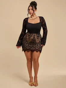 SHEIN BAE CURVE Plus Size Elegant Lace Design Black High-Waisted Skirt, Fashionable Party Skirt, Suitable For Spring, Summer, Autumn,Sexy Skirt,Commuting, Halloween, - Black - View 7