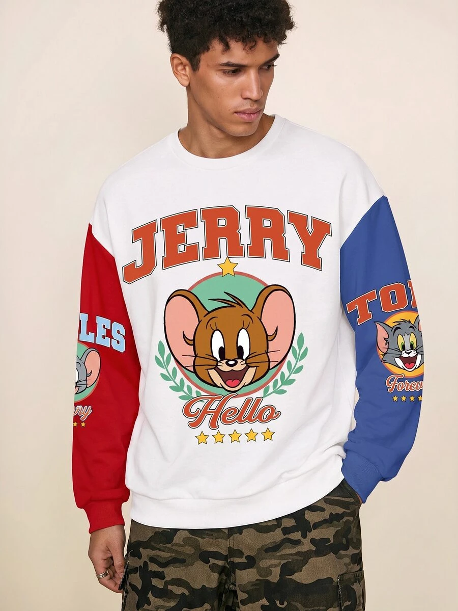 TOM & JERRY X SHEIN 男士字母與卡通印花圓領長袖休閒寬鬆套頭運動衫 - 白色 - 查看 1