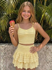 SHEIN Tween Girl Spring Summer Cute Pastel Yellow Knit Jacquard Textured Camisole Top With Ruffle Hem A-Line Skirt Shorts Vacation 2-Piece Set - Yellow - View 7