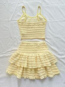 SHEIN Tween Girl Spring Summer Cute Pastel Yellow Knit Jacquard Textured Camisole Top With Ruffle Hem A-Line Skirt Shorts Vacation 2-Piece Set - Yellow - View 3