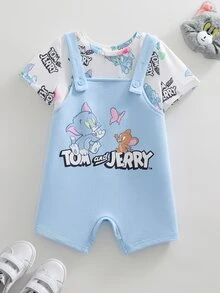 TOM & JERRY X SHEIN 男婴休闲日常通勤可爱卡通字母图案短袖T恤和背带裤套装，夏季 - 藍色 - 查看 2