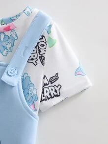 TOM & JERRY X SHEIN 男婴休闲日常通勤可爱卡通字母图案短袖T恤和背带裤套装，夏季 - 藍色 - 查看 5