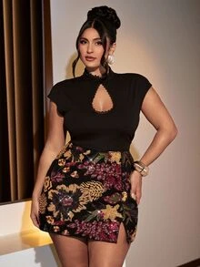 SHEIN BAE CURVE 大尺碼女款閃亮亮片迷你裙，70年代電音派對風，優雅開衩雞尾酒晚宴裙，秋冬生日舞會風格，萬聖節 - 彩色 - 查看 9
