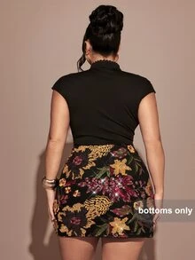 SHEIN BAE CURVE 大尺碼女款閃亮亮片迷你裙，70年代電音派對風，優雅開衩雞尾酒晚宴裙，秋冬生日舞會風格，萬聖節 - 彩色 - 查看 5